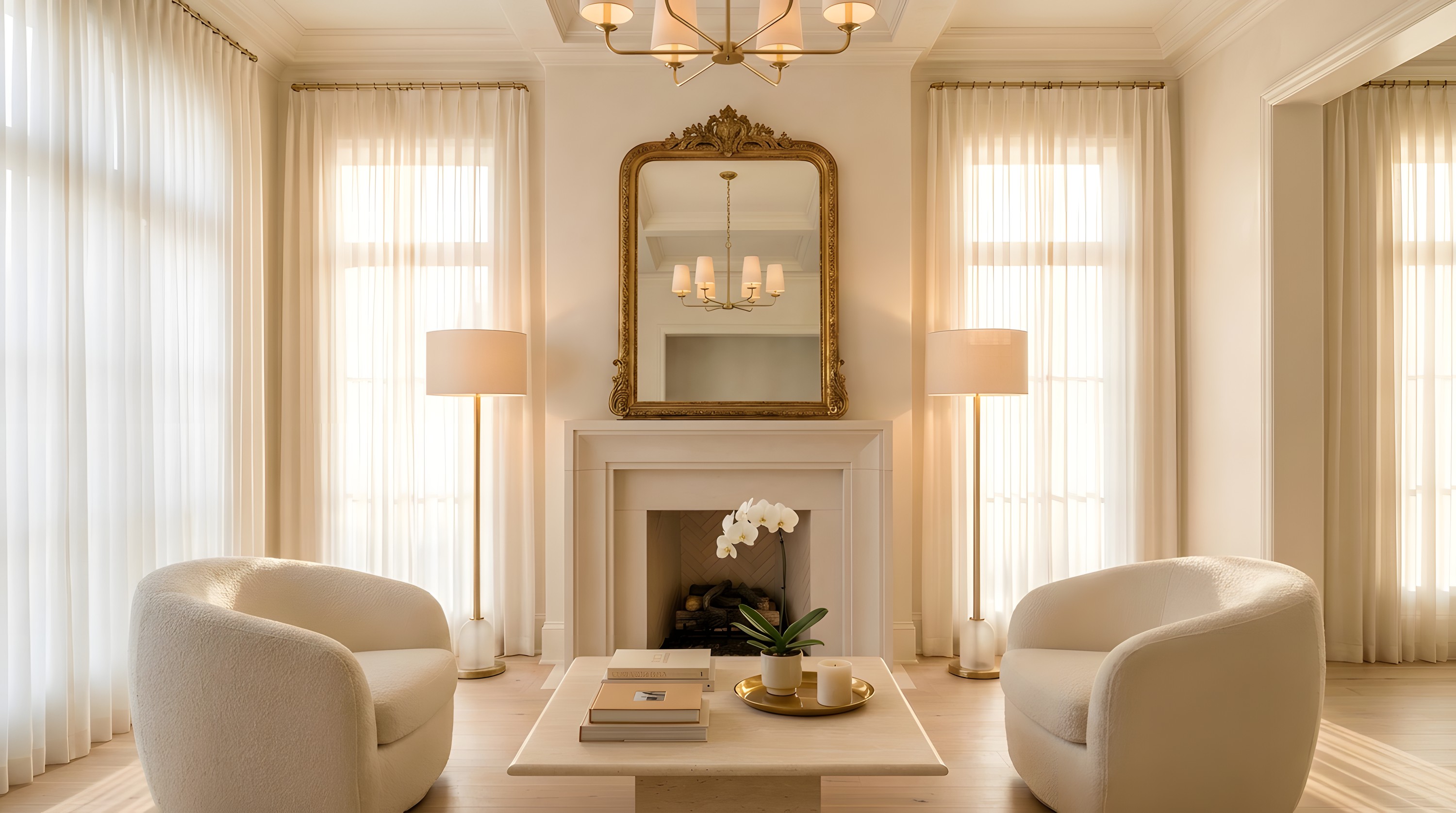 Light formal living room with limestone fireplace and brass mirror