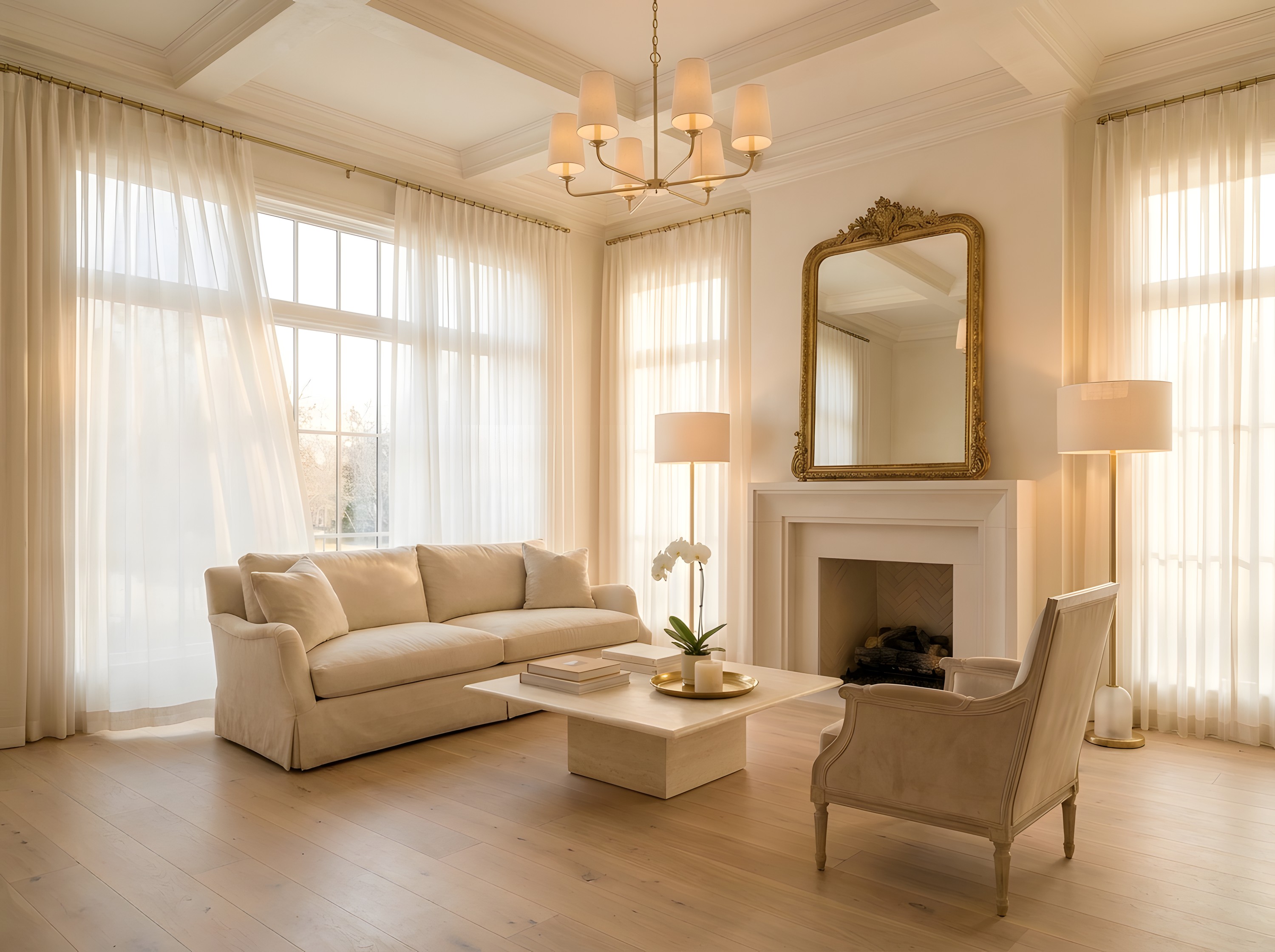 Seating area with sheer curtains and morning light
