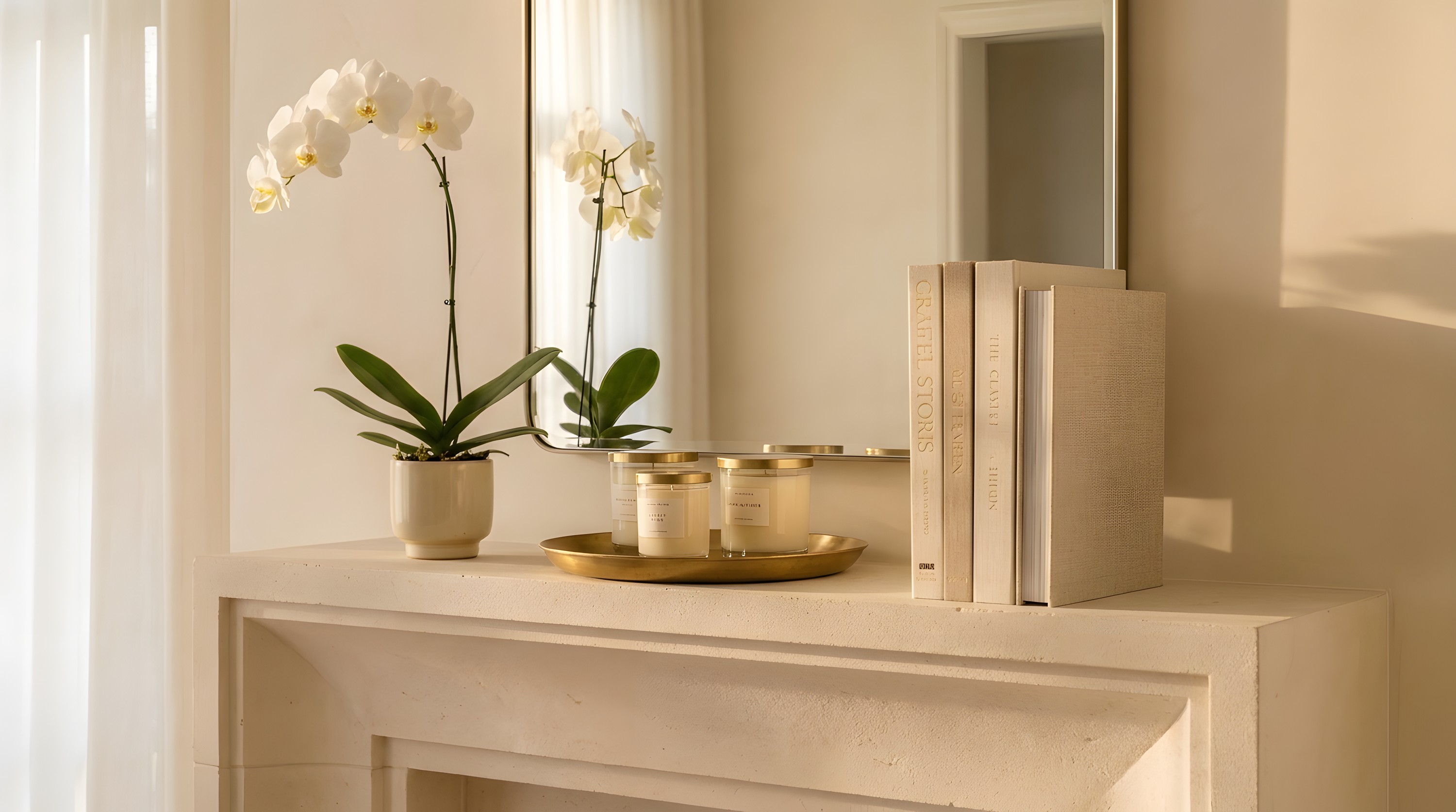Limestone mantel with white orchid and brass tray