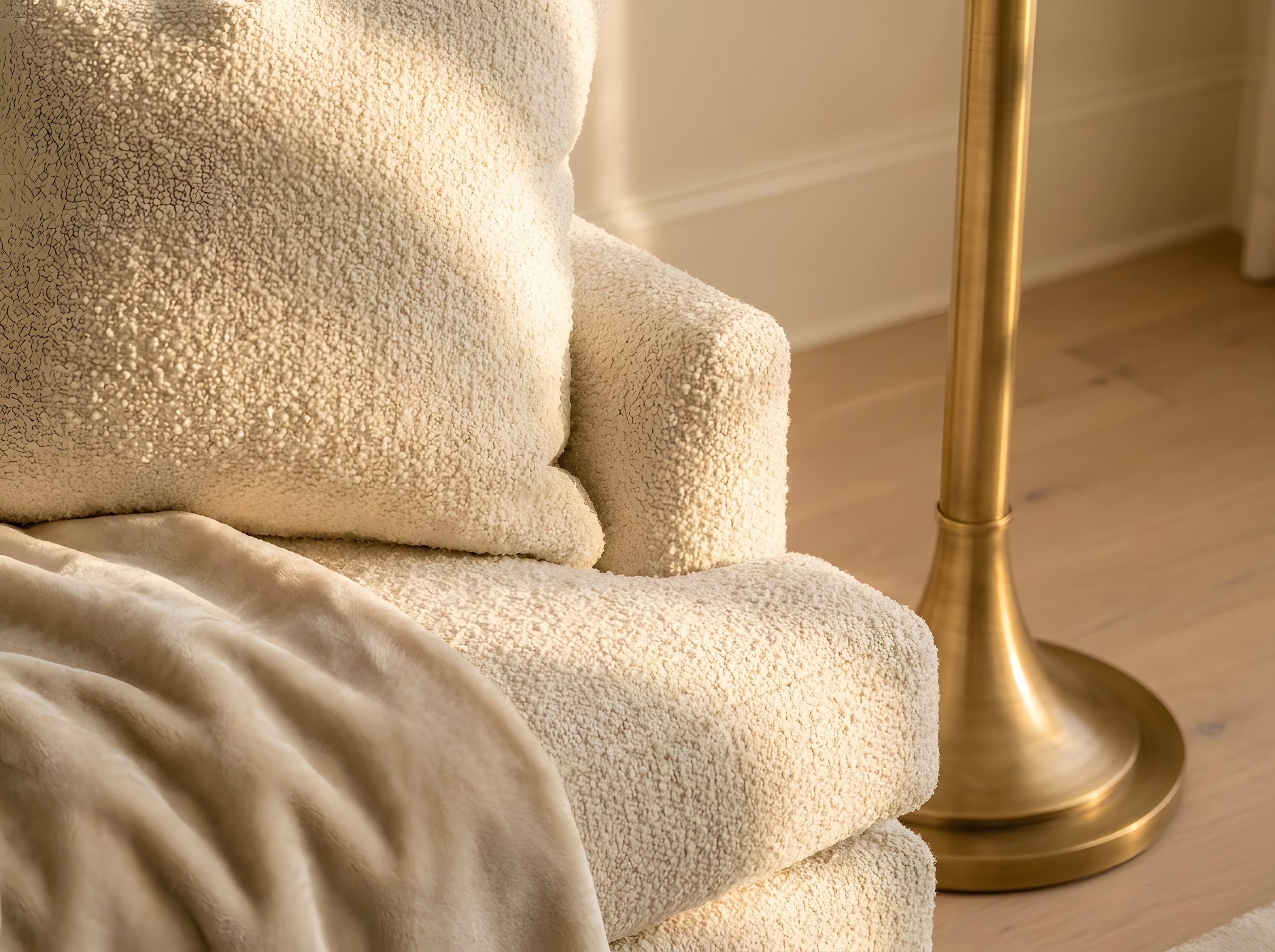 Boucle and brass material detail with raking light