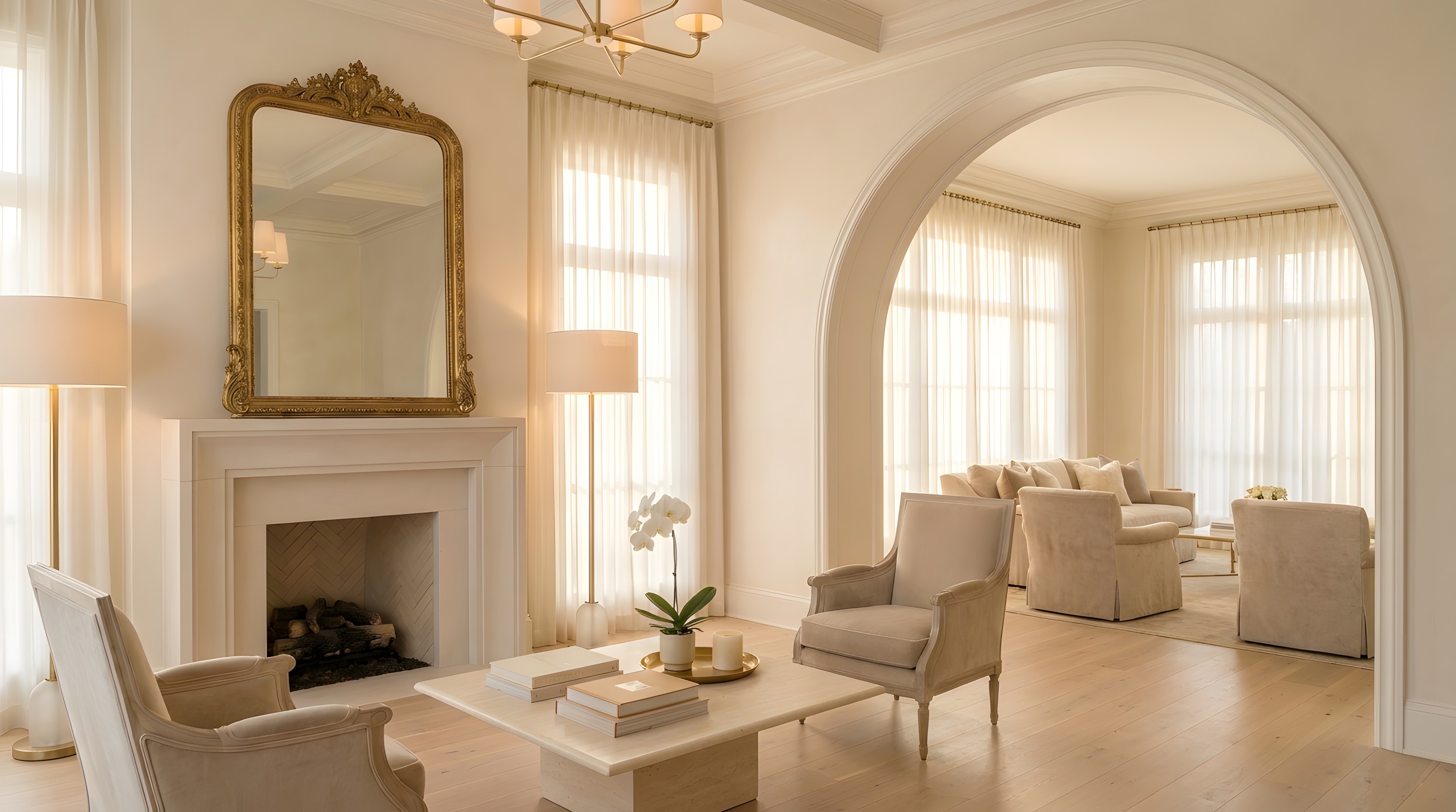 Arched opening revealing a softly sunlit adjacent room